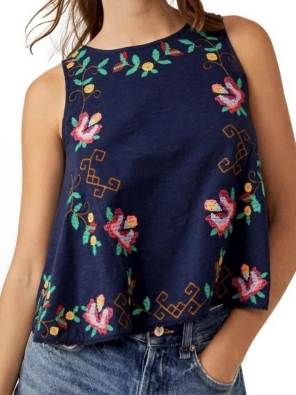 Free People Navy Floral Embroidered Tank Top